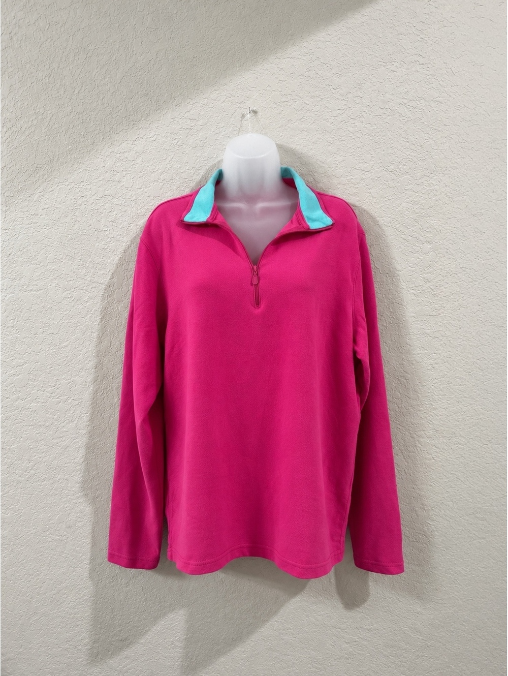 St Johns Bay Performance Womens L Hot Pink Aqua Quarter Zip Pullover Cotton